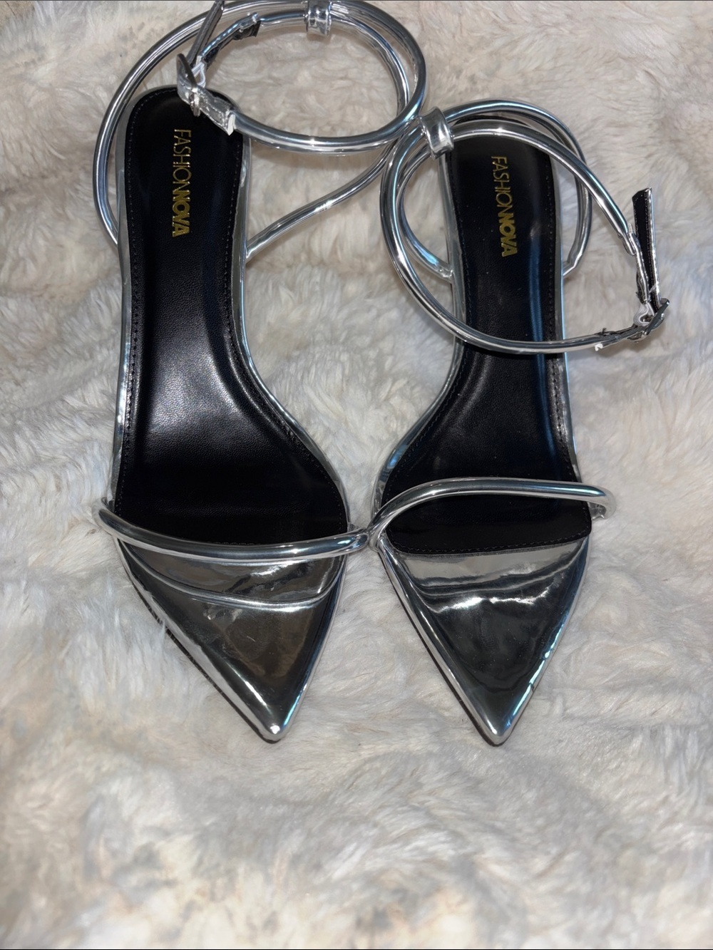 Fashion Nova Metallic Silver Pointed Toe Ankle-Strap Heels